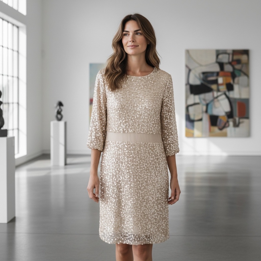 VENUS Sequin Sheath Dress XL Champagne 3/4 Sleeve Formal Cocktail